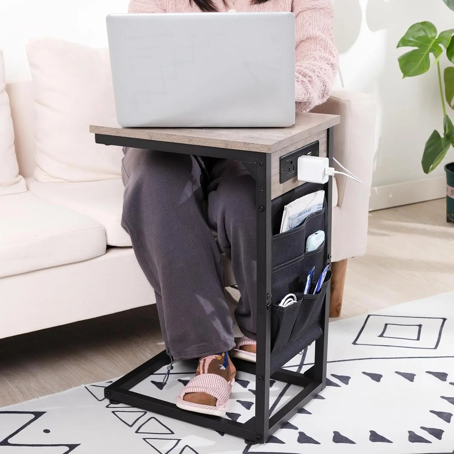 C-Shaped End Table with Charging Station
