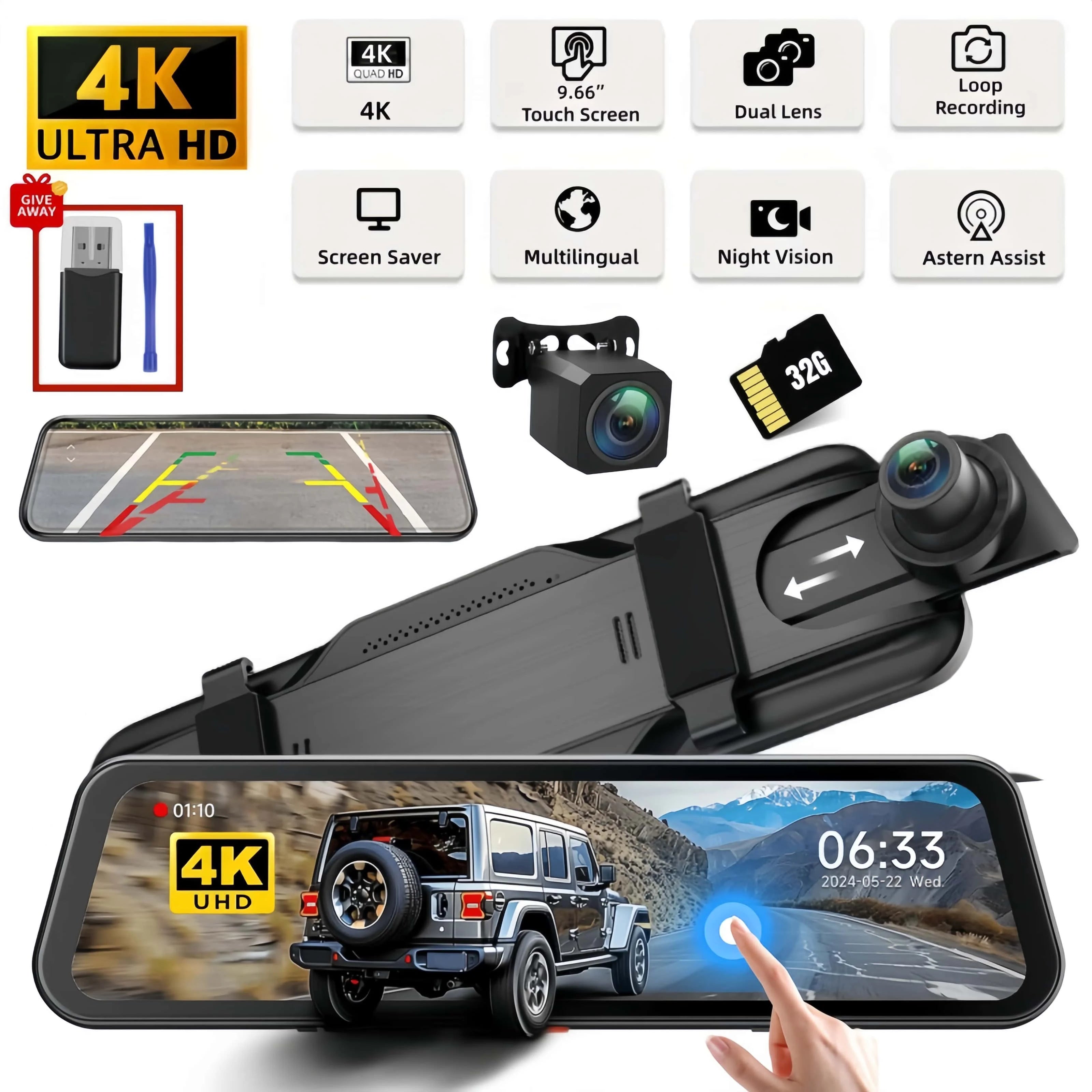 Touch Screen Mirror Dash Cam Front & Rear