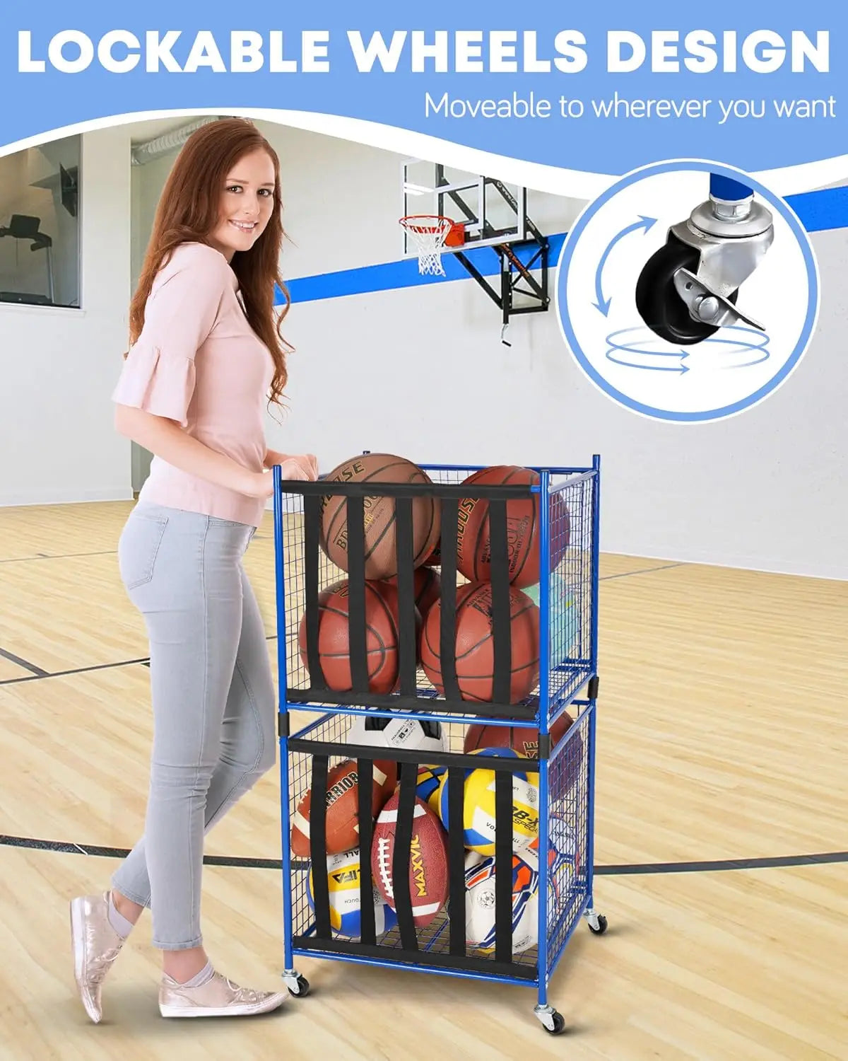 Rolling Sports Ball Storage Cart with Lockable Locker