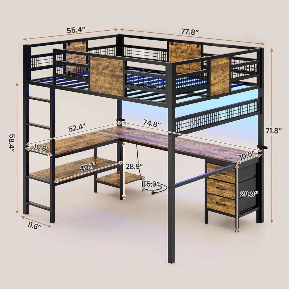 Full Size Loft Bed with L-Shaped Desk