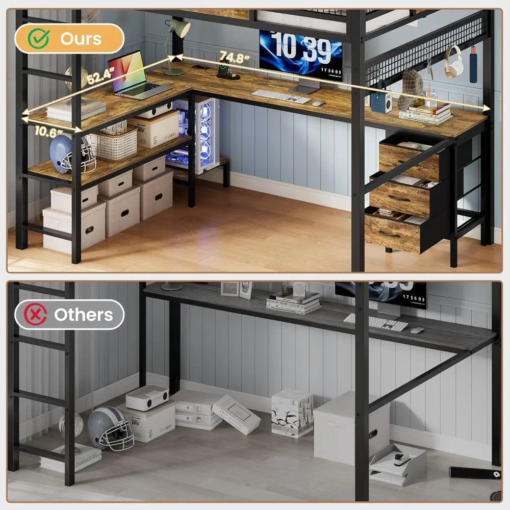 Full Size Loft Bed with L-Shaped Desk
