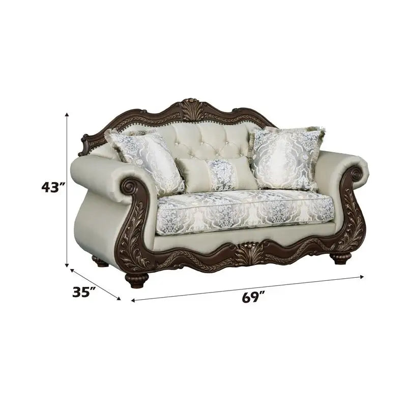 Beige Fabric Loveseat with Cherry Finish and 3 Pillows