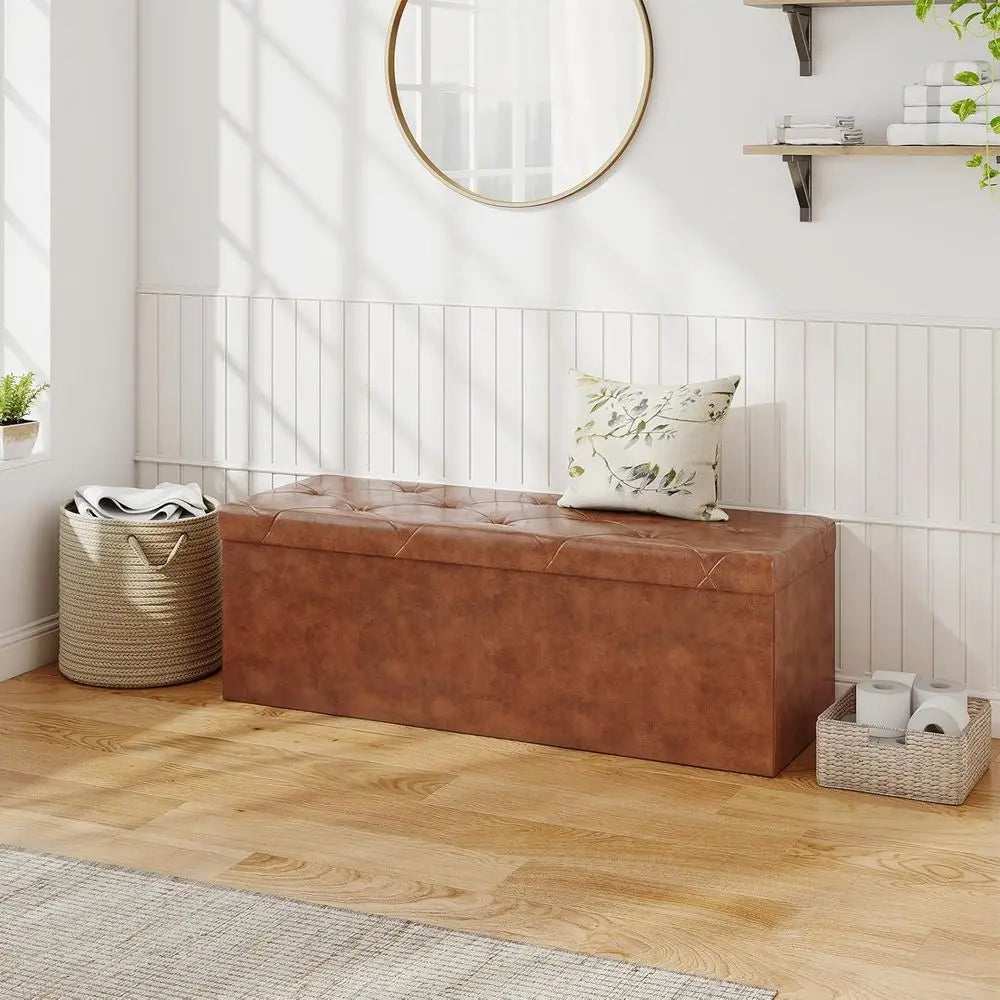 43 Upholstered Storage Ottoman with Footrest, 660 lbs Capacity, Synthetic Leather, Brown