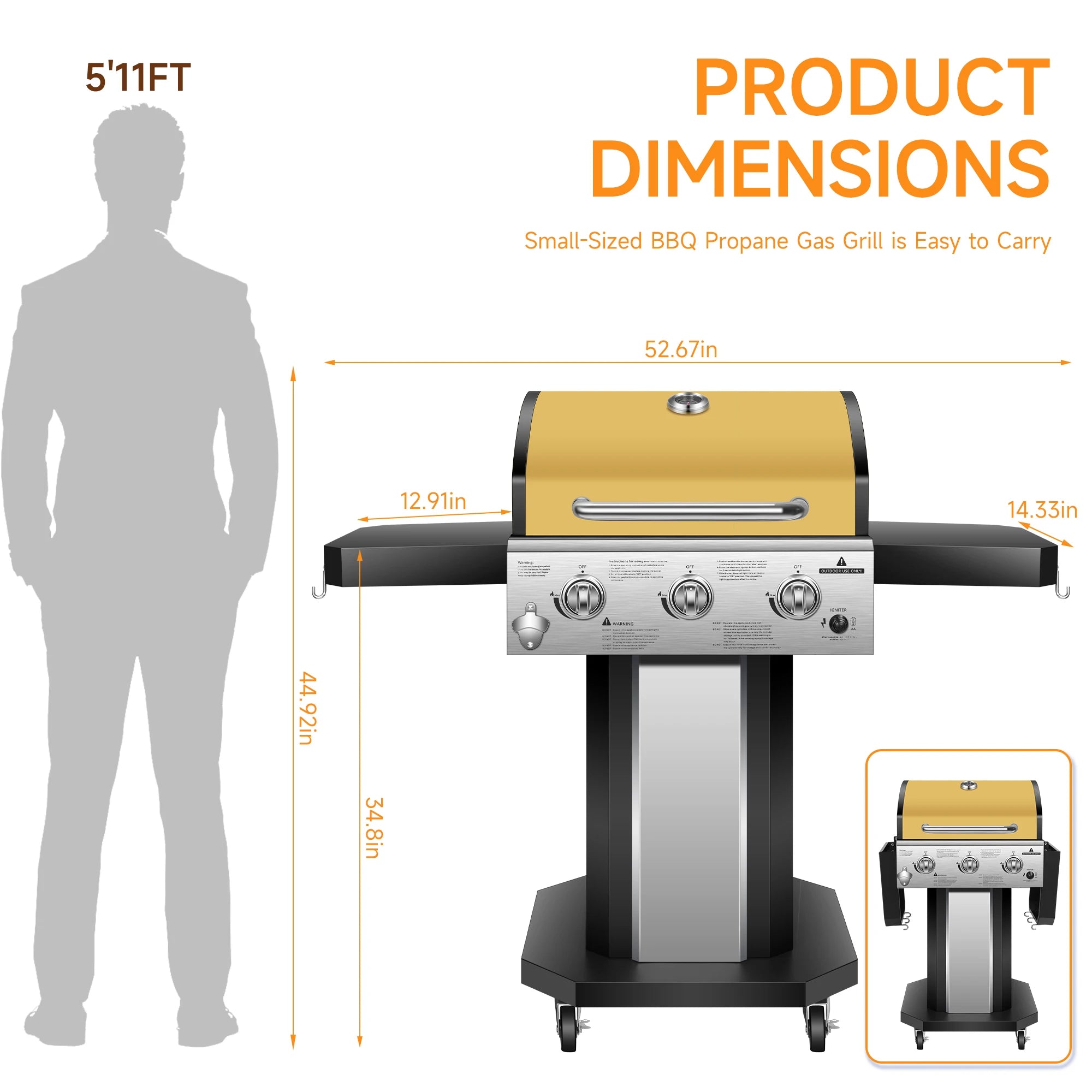 3-Burner Propane Gas Grill with Warming Rack,