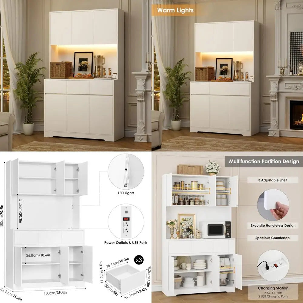 71" Pantry Cabinet with Power Outlets and Led Lights
