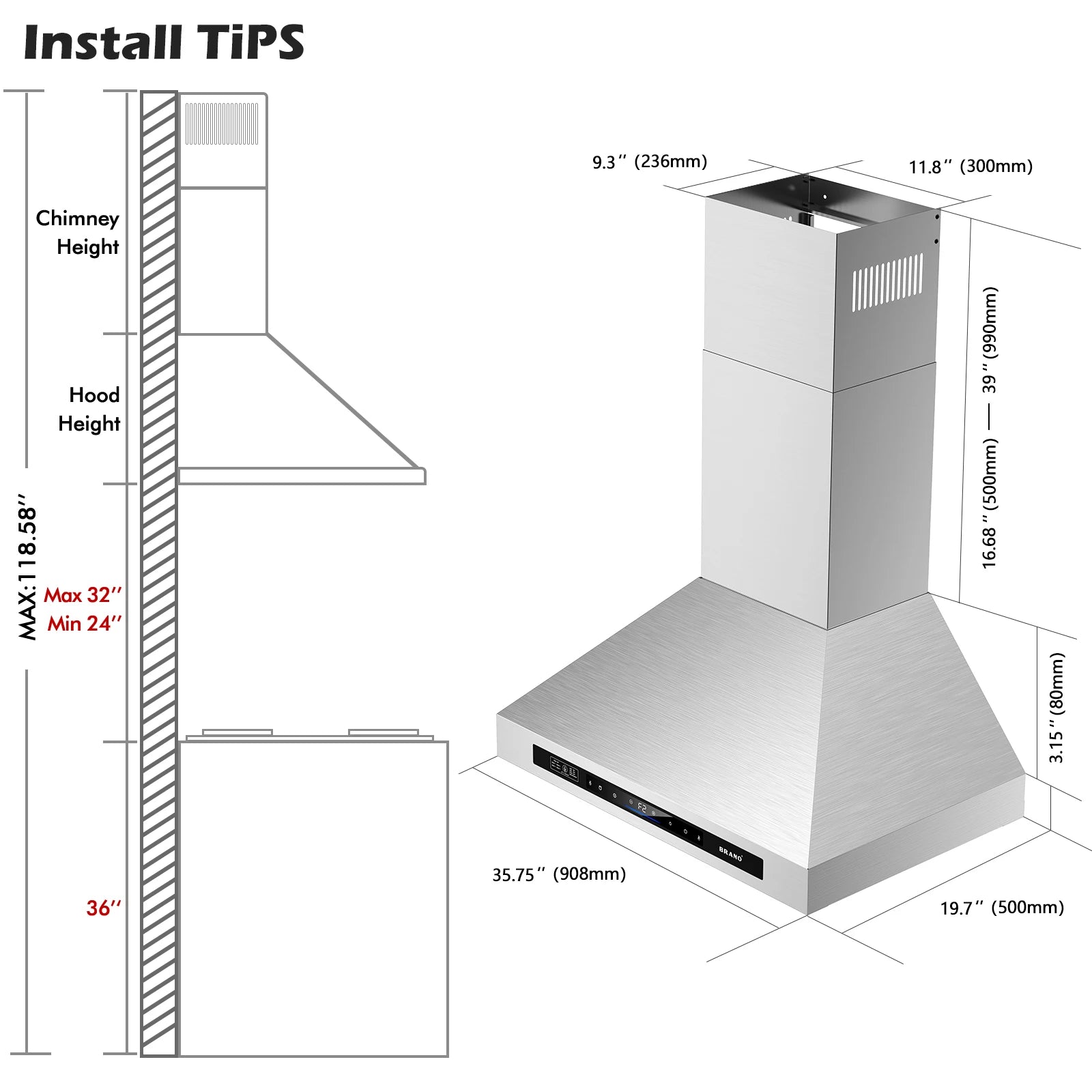 Wall Mount Range Hood 30/36 inch