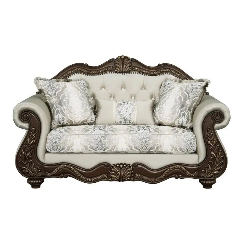 Beige Fabric Loveseat with Cherry Finish and 3 Pillows