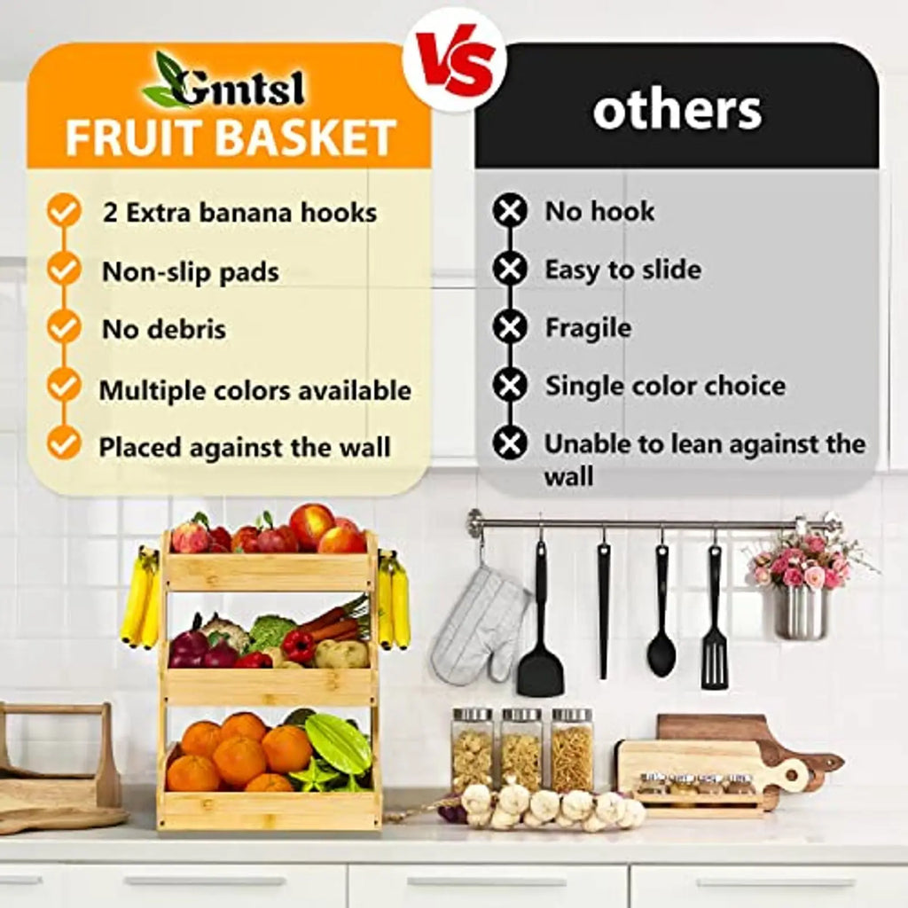 Bamboo 3 Tier Fruit Bowl with 2 Banana Hangers