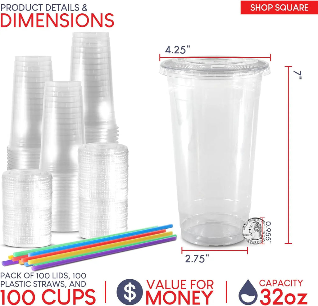 Clear Plastic Cups with Lids Set of 100/ 32 OZ