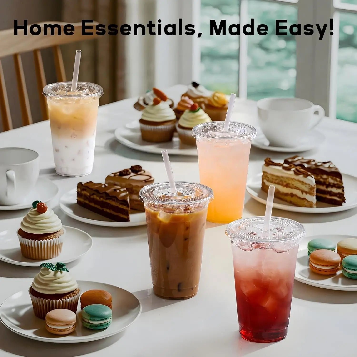 Disposable Clear Plastic Cups w/ Lids & Straws