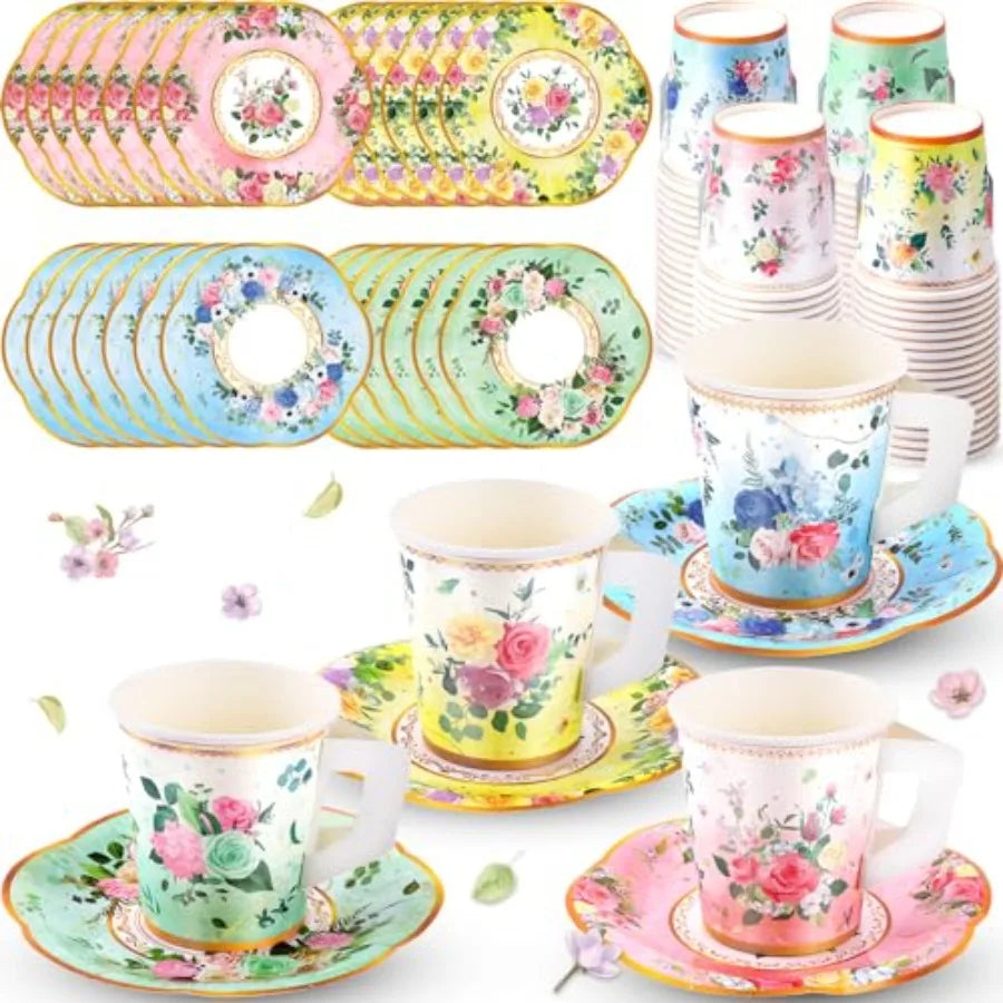 Floral  Disposable Paper Tea Cups & Saucers 7 OZ