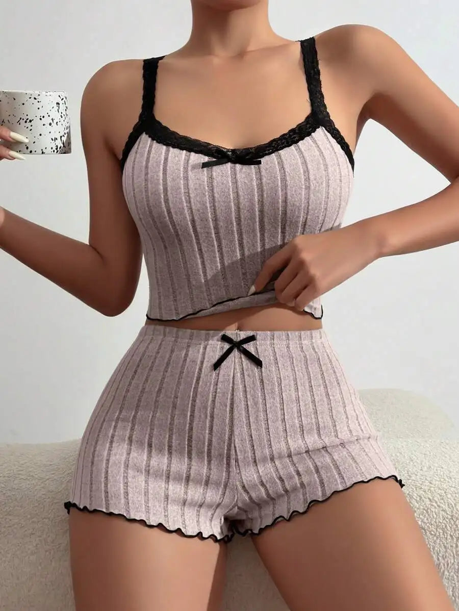 Ribbed Lace Trim Pajama Set
