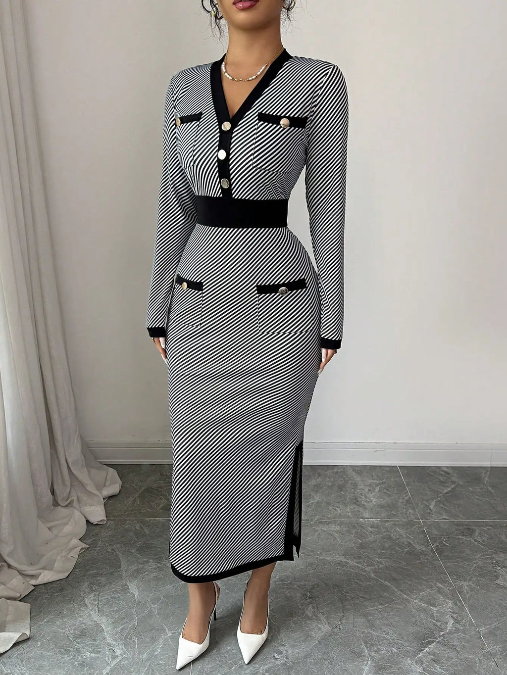 Striped V-Neck Knitted Mid Dress