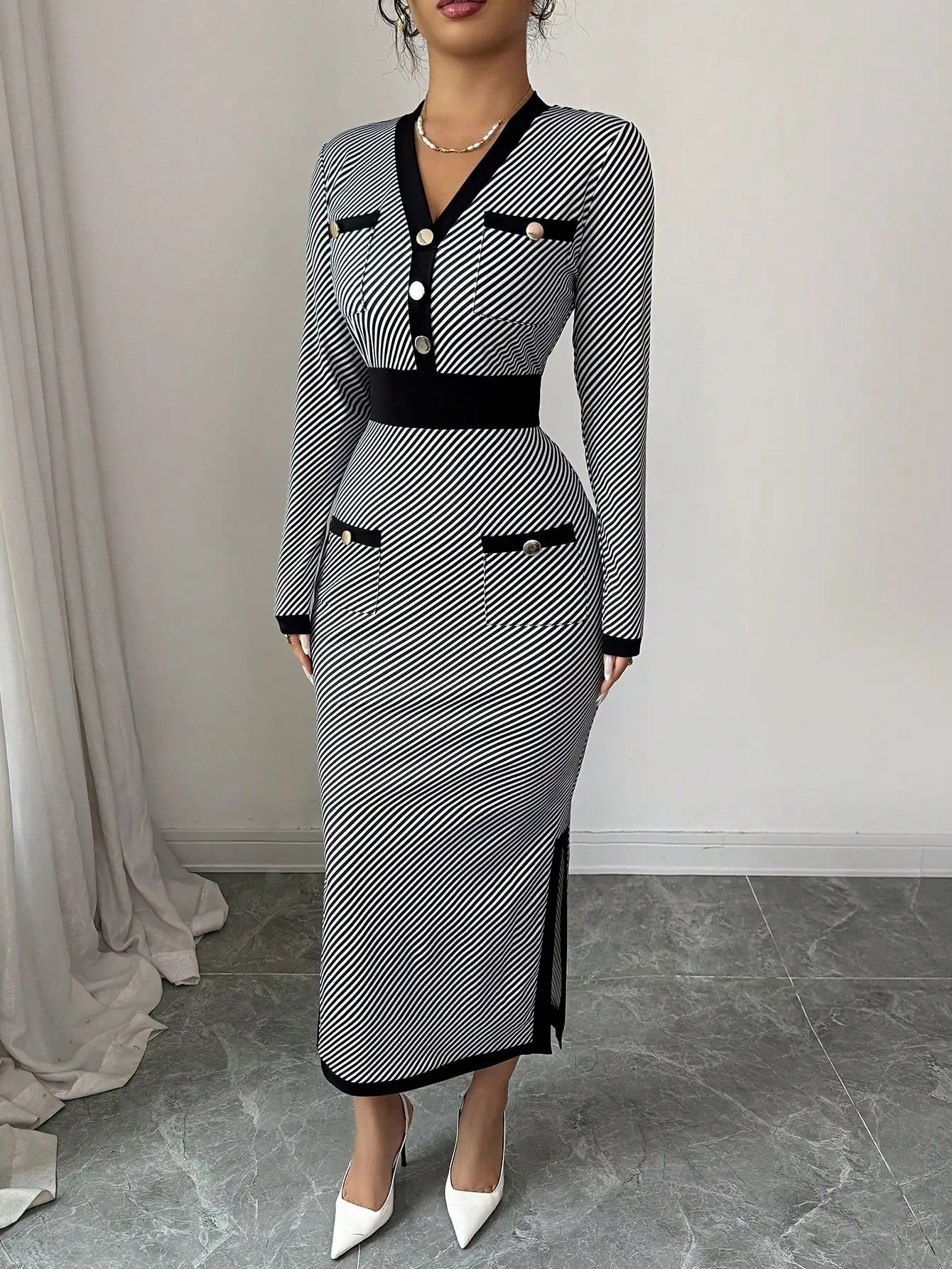 Striped V-Neck Knitted Mid Dress