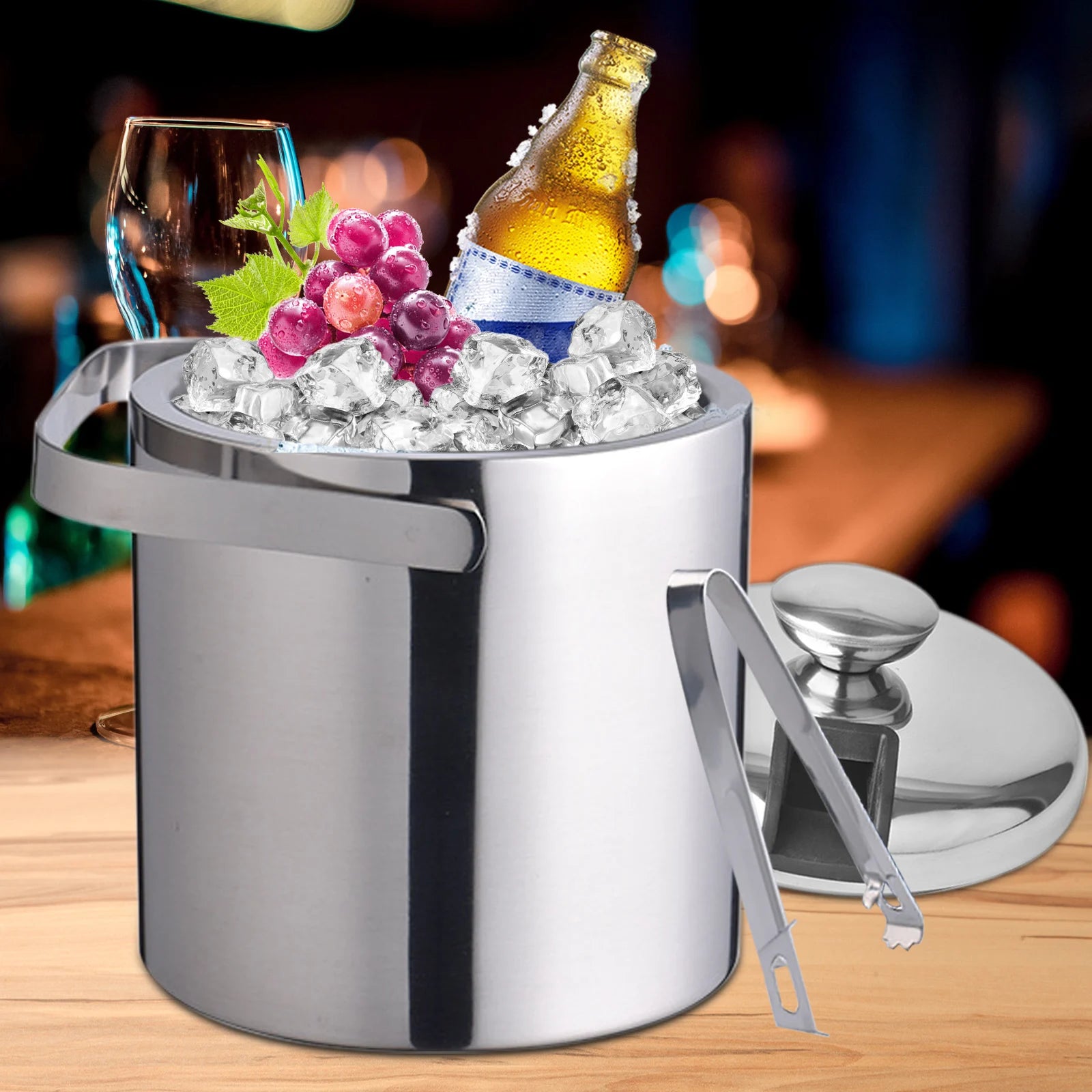 1.3L Double-Wall Insulated Ice Bucket Stainless Steel Ice Cube Beverage Container Silver with Ice Tongs and Lid