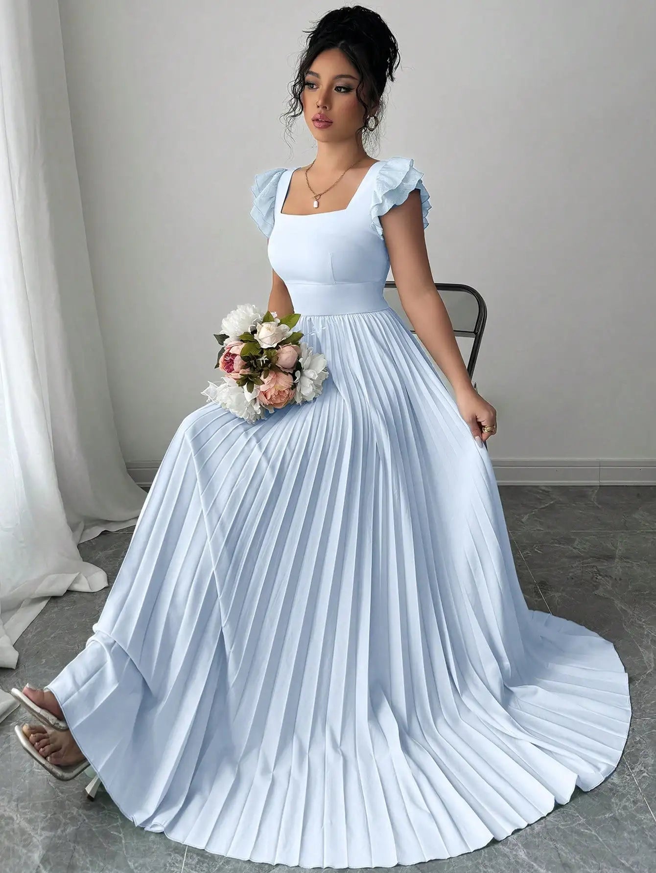 Ruffled Sleeve Pleated Maxi Dress