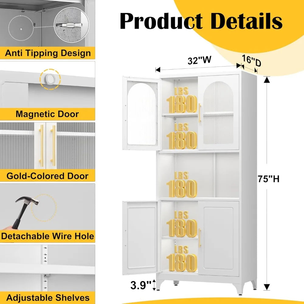 75" Tall  Cabinet with 4 Doors, Adjustable Shelves