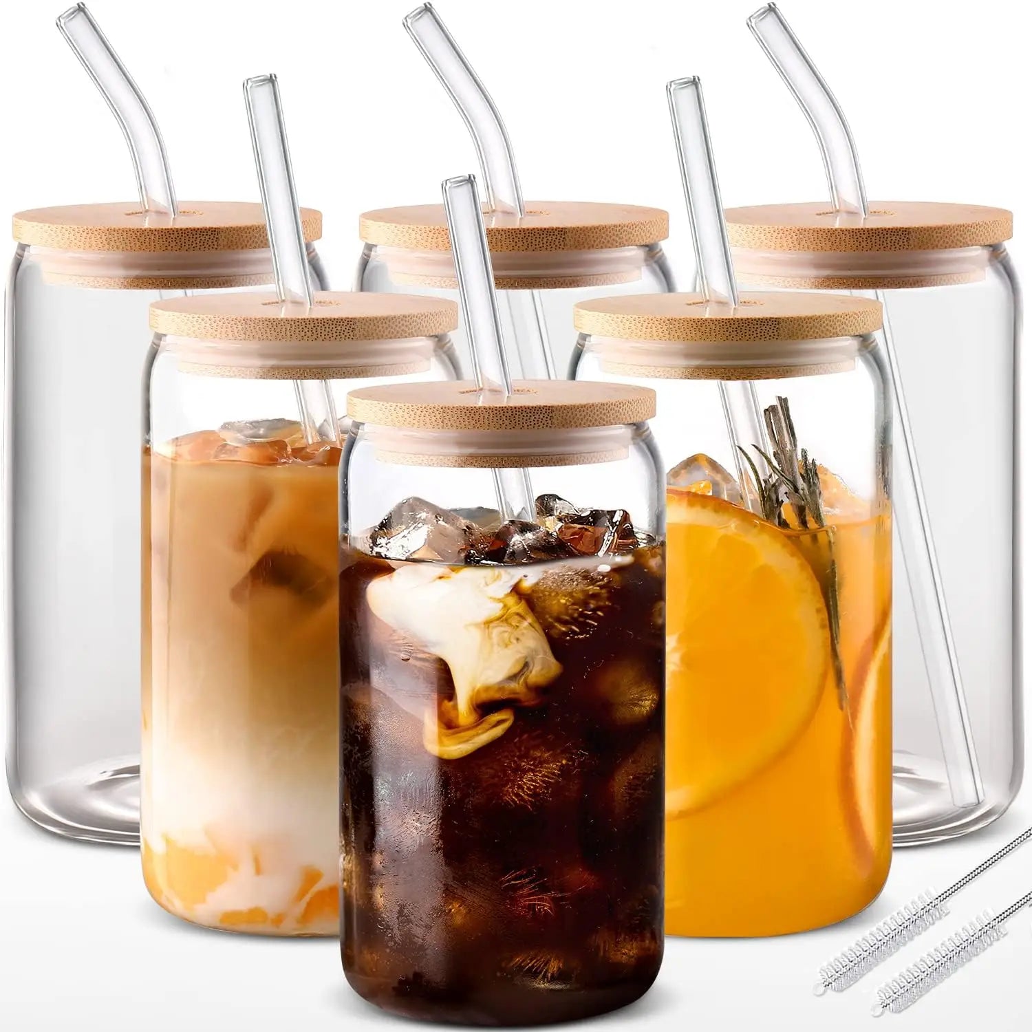 Drinking Glasses with Bamboo Lids & Glass Straw
