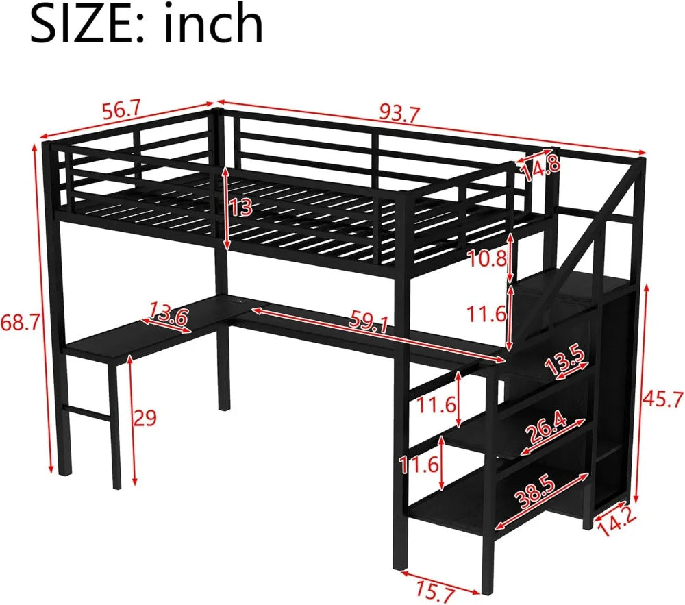 Full Size Metal Loft Bed with L-Shaped Desk