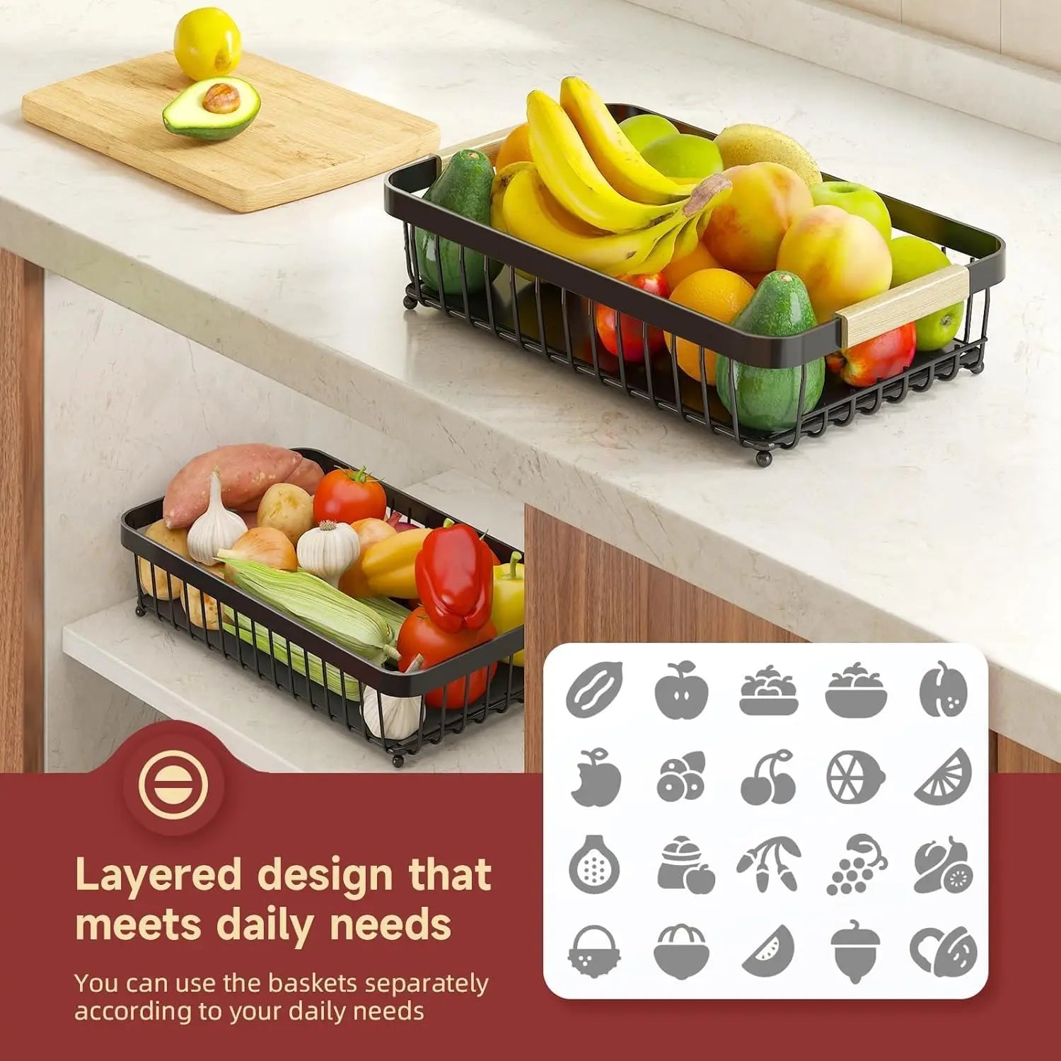 2-Tier Large Fruit Basket with Mobile Banana Hangers