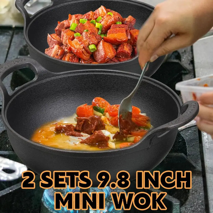 2 Sets Cast Iron Wok with Loop Handle