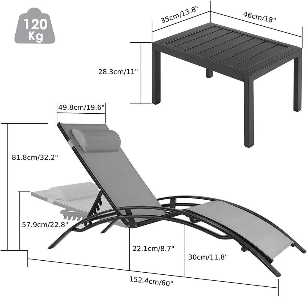 Aluminum Lounge 3Pcs Chair Table Chaise Outdoor