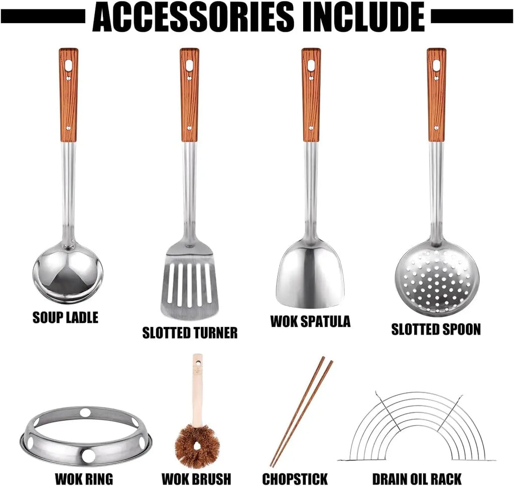 Carbon Steel Wok Pan Set with 8 Accessories