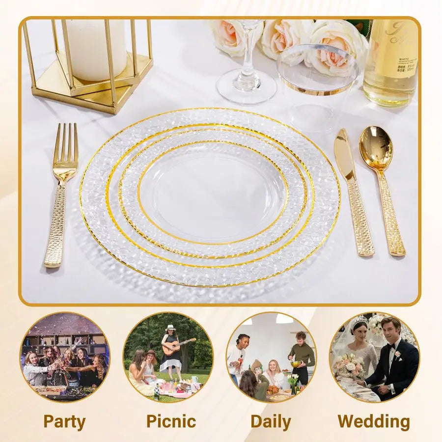 102PCS Gold Plastic Plates Disposable