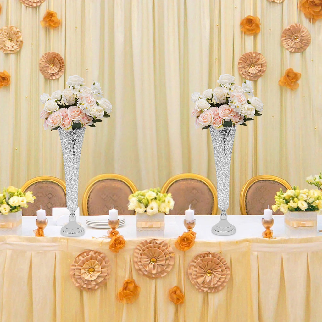 Tall Wedding Flower Vase Set w / Crystal Trumpet Design