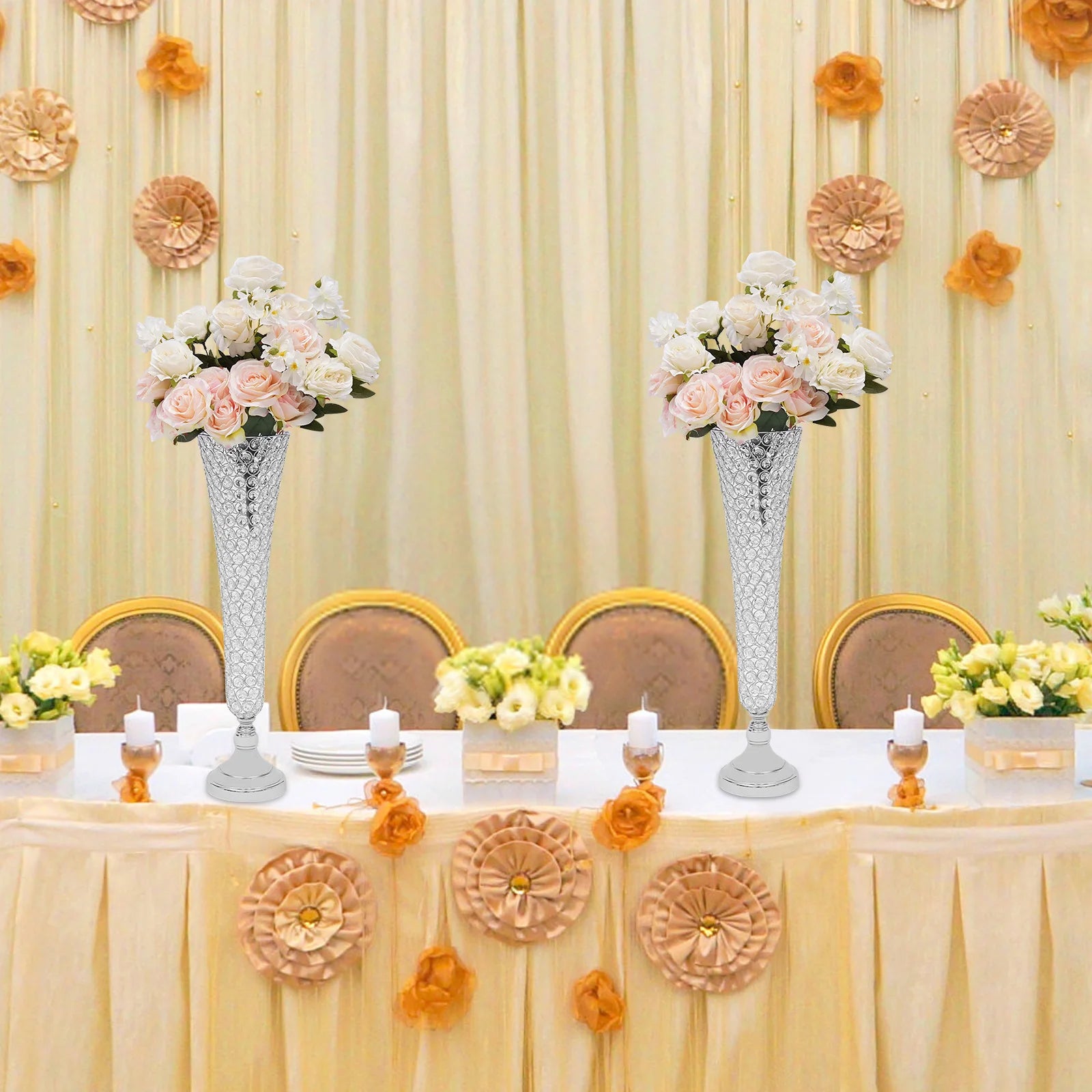 Tall Wedding Flower Vase Set w / Crystal Trumpet Design