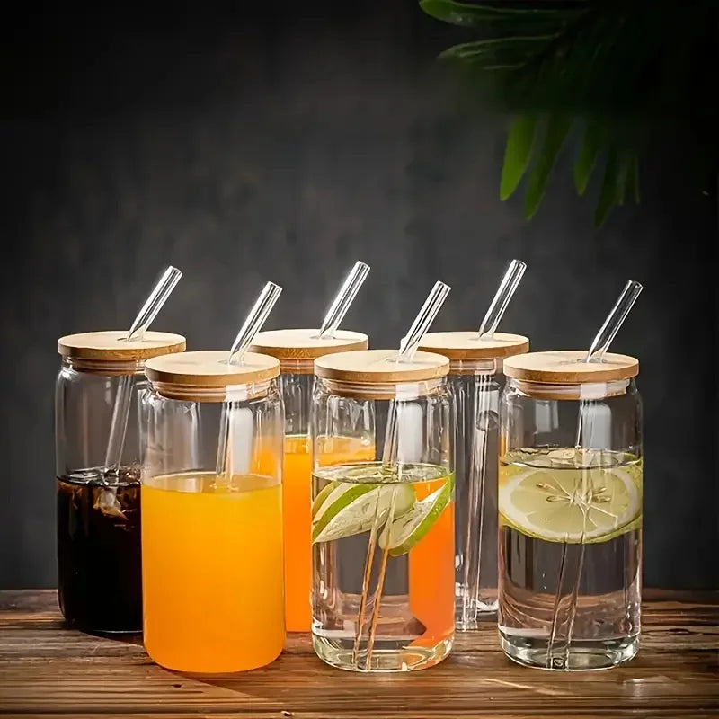 Drinking Glasses with Bamboo Lids & Glass Straw