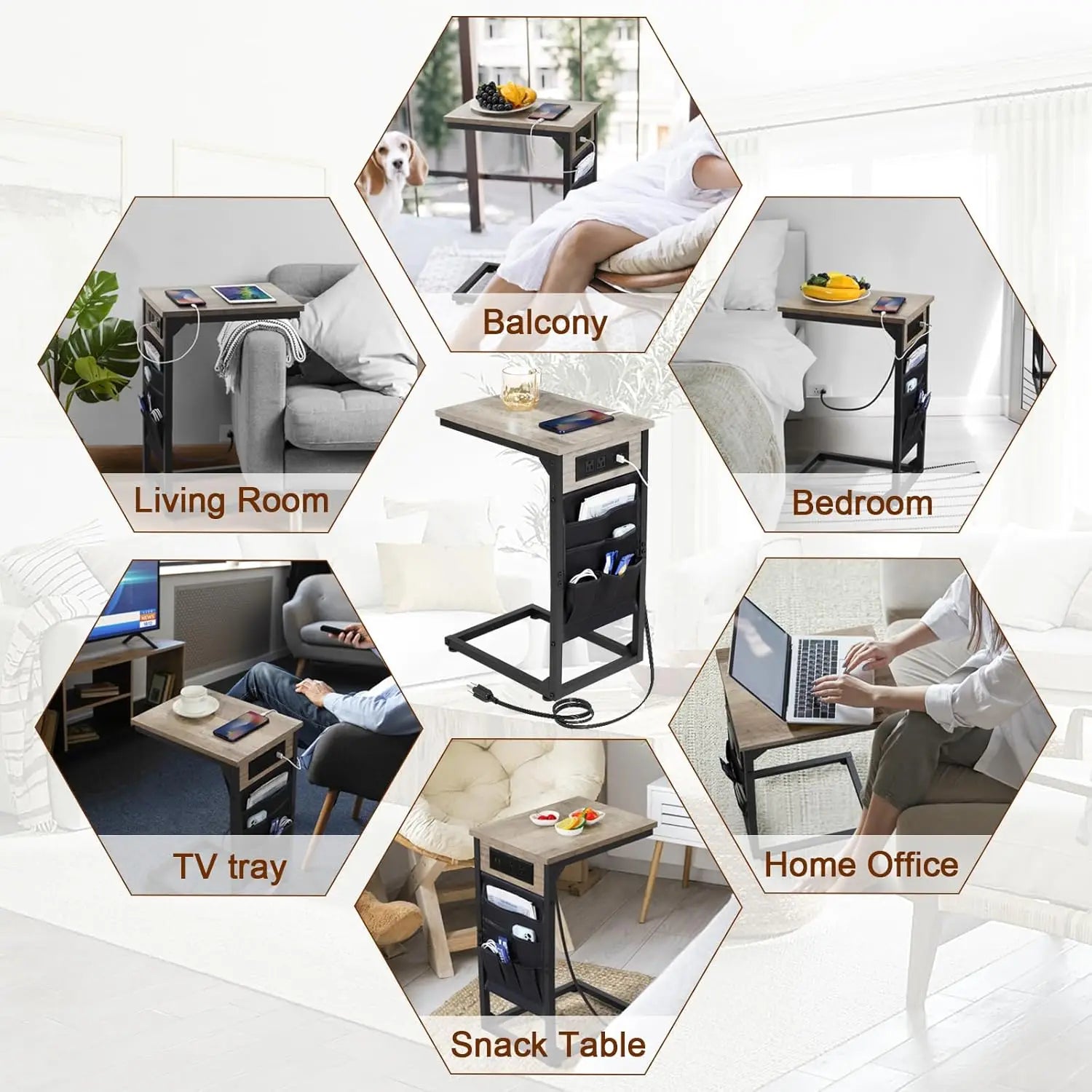 C-Shaped End Table with Charging Station