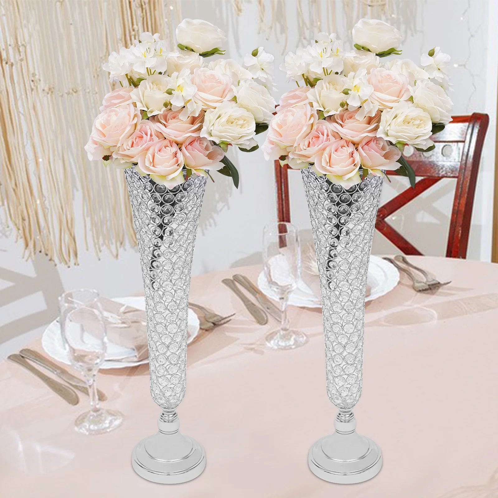 Tall Wedding Flower Vase Set w / Crystal Trumpet Design