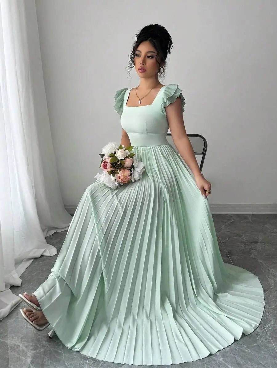 Ruffled Sleeve Pleated Maxi Dress