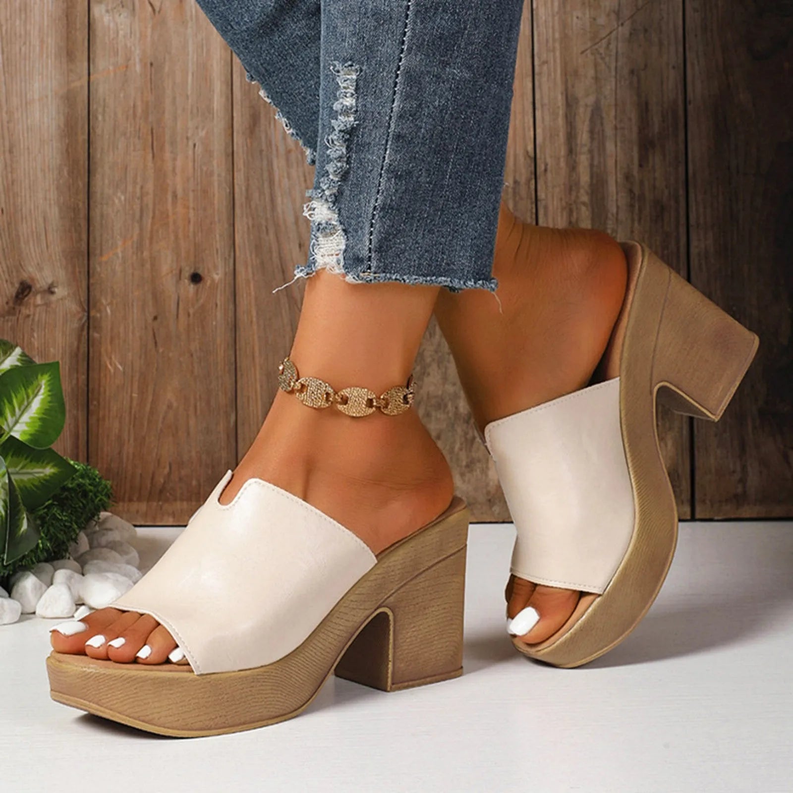 Leather Square Heel Sandals