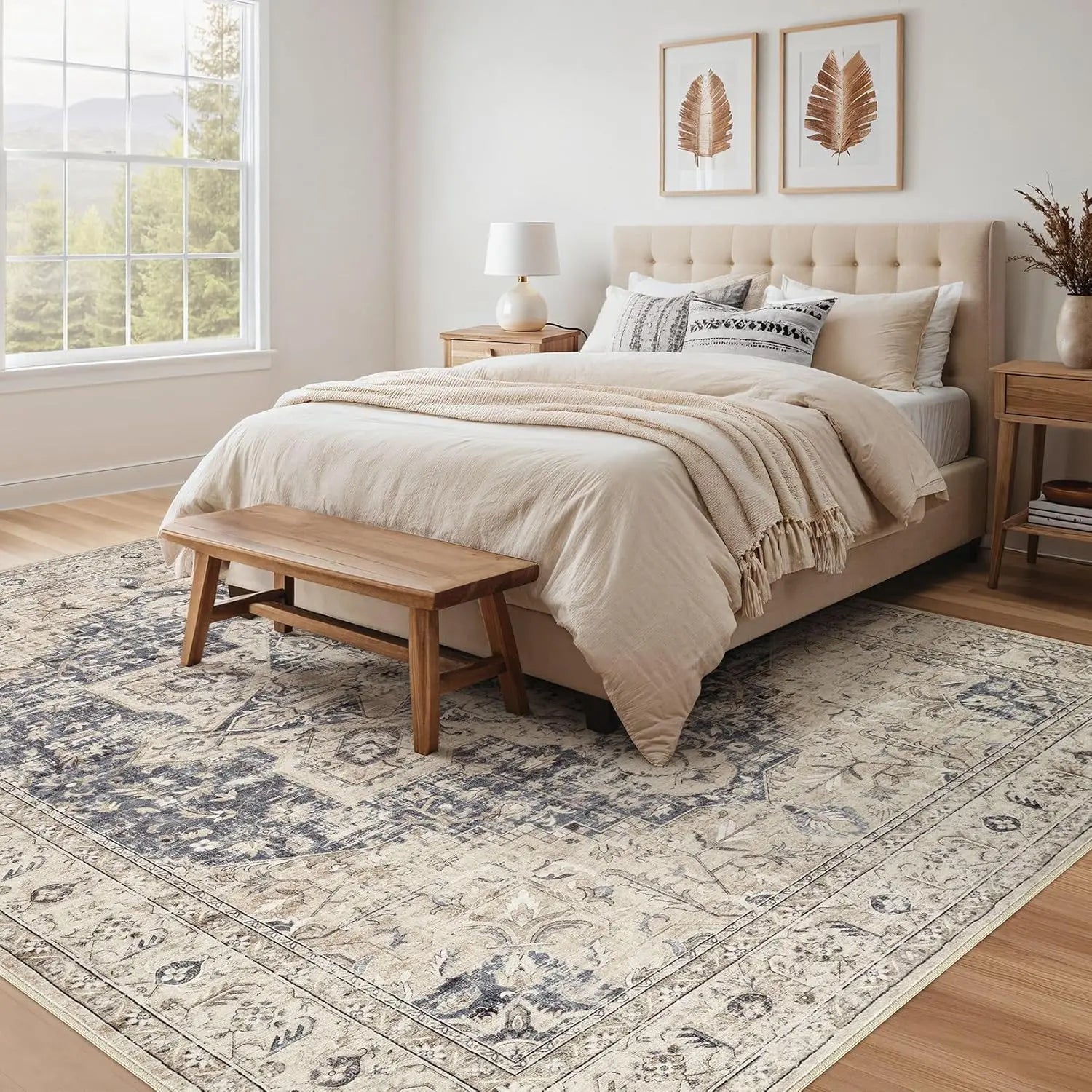 9x12 - Cream Blue Distressed Farmhouse Carpet