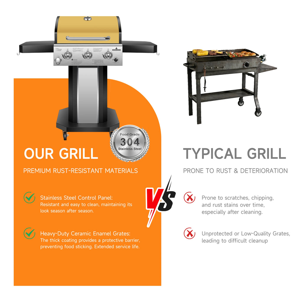 3-Burner Propane Gas Grill with Warming Rack,