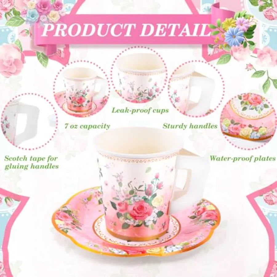 Floral  Disposable Paper Tea Cups & Saucers 7 OZ