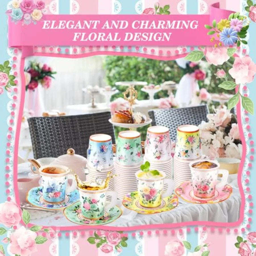 Floral  Disposable Paper Tea Cups & Saucers 7 OZ