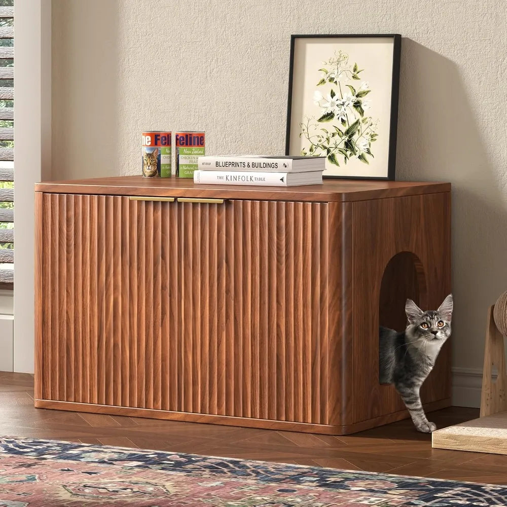 31.5" Walnut Cat Litter Box Enclosure Furniture