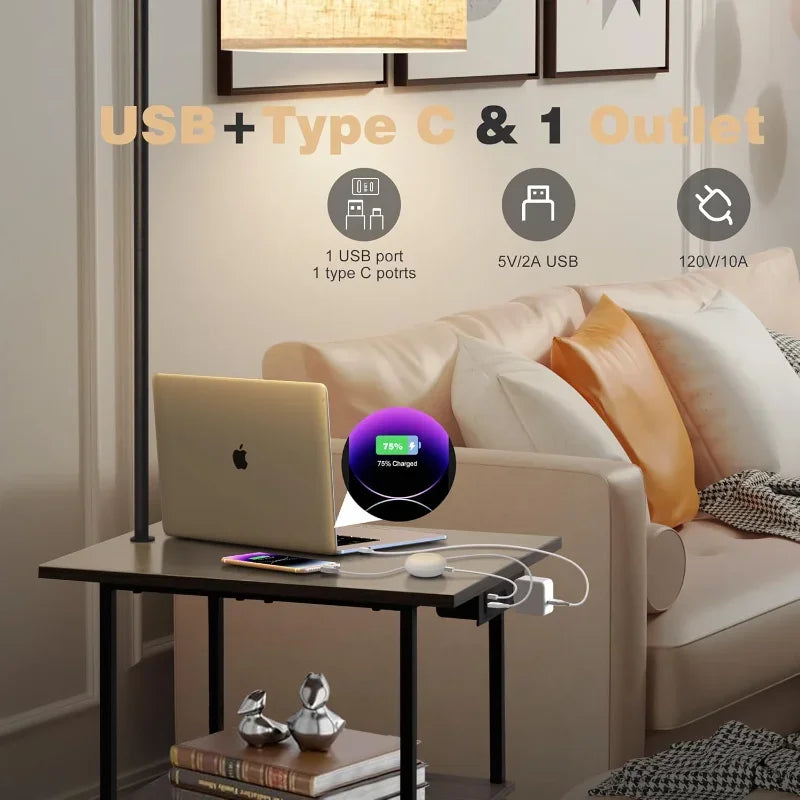 Floor Lamp with Table, End Table with Charging Station