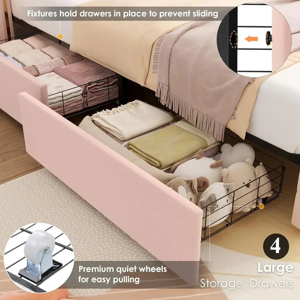 Twin Size Pink Velvet Upholstered Bed