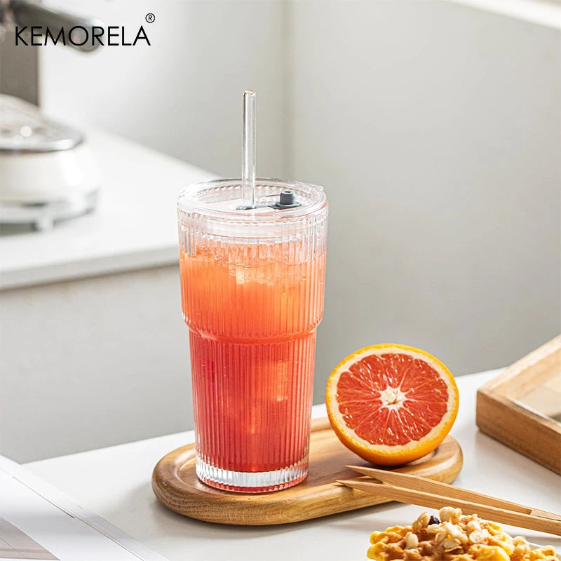 Ribbed 20 oz Glass Tumblers with Lids & Straws