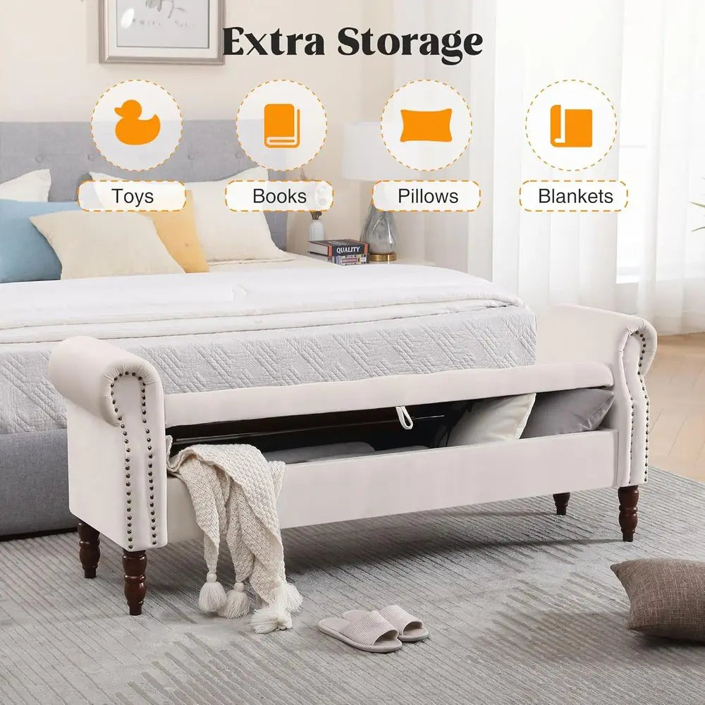 King Size Velvet Storage Bench with Arms