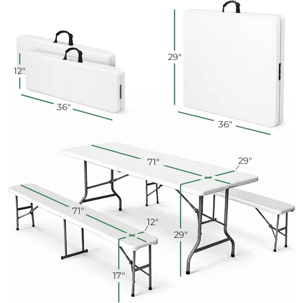6 Ft White Folding Table Set with 2 Benches
