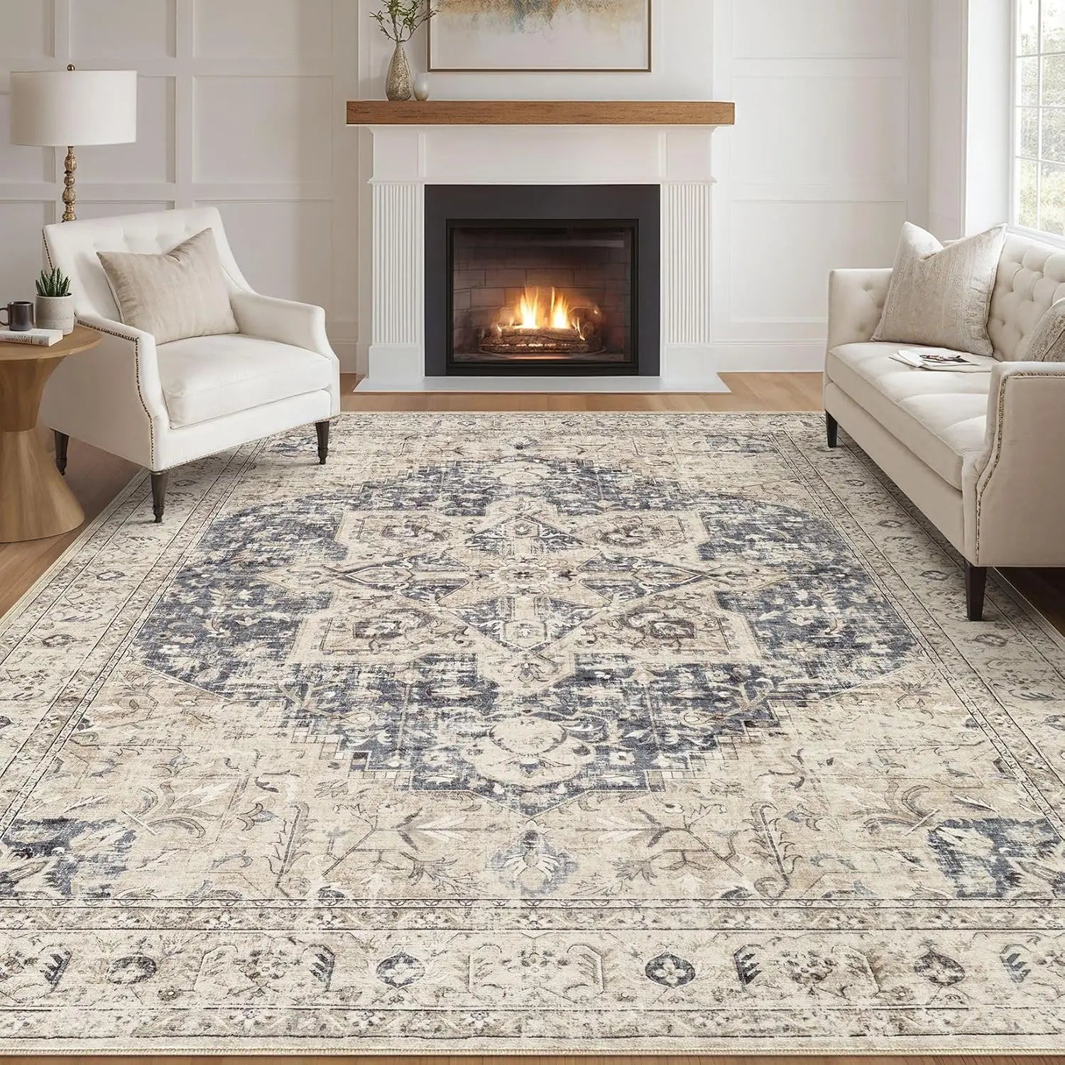 9x12 - Cream Blue Distressed Farmhouse Carpet