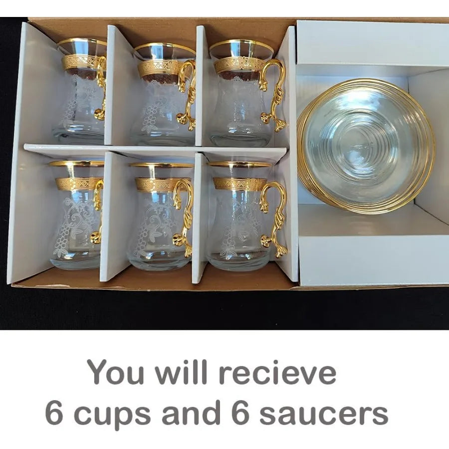 Elegant Vintage Style Tea Glasses & Saucers Set of 6