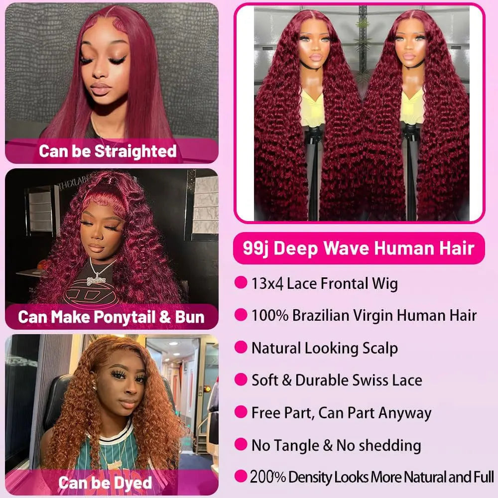 30 Inch Burgundy 99j Deep Wave Frontal Wig