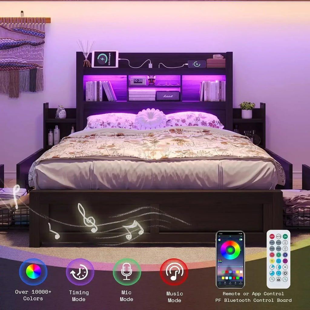 Queen Bed Frame with 49.6" Bookcase Headboard