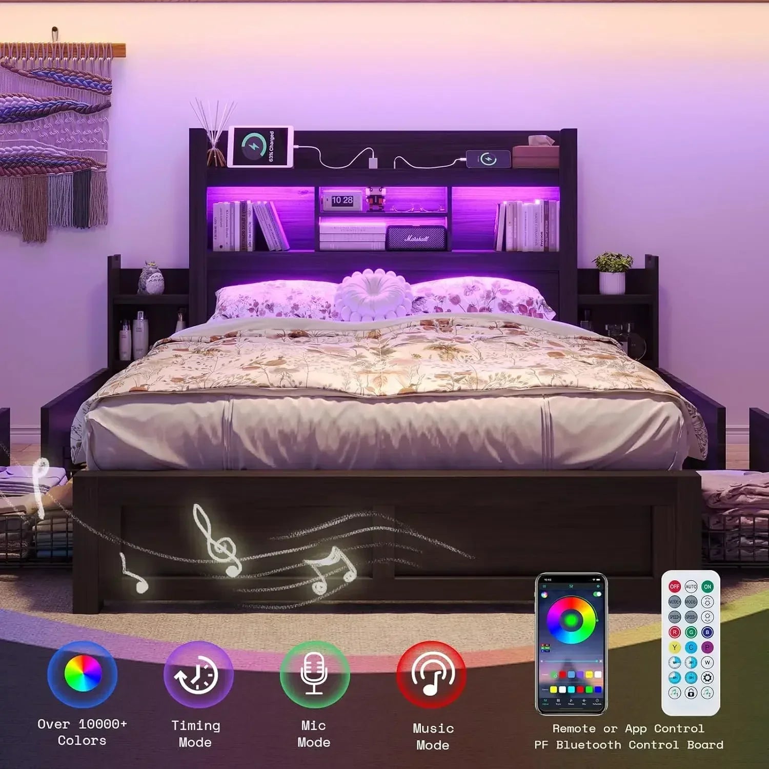 Queen Bed Frame with 49.6" Bookcase Headboard